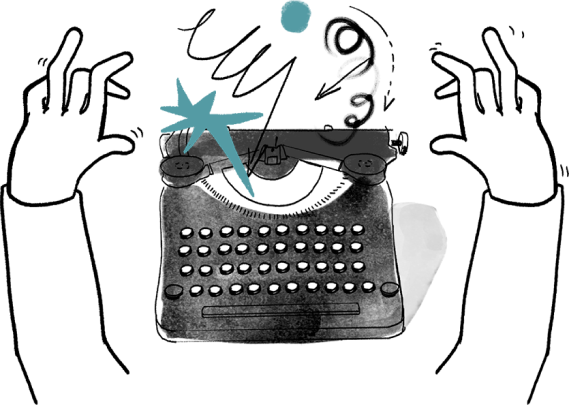 Hands poised over a typewriter, ideas swirling above it